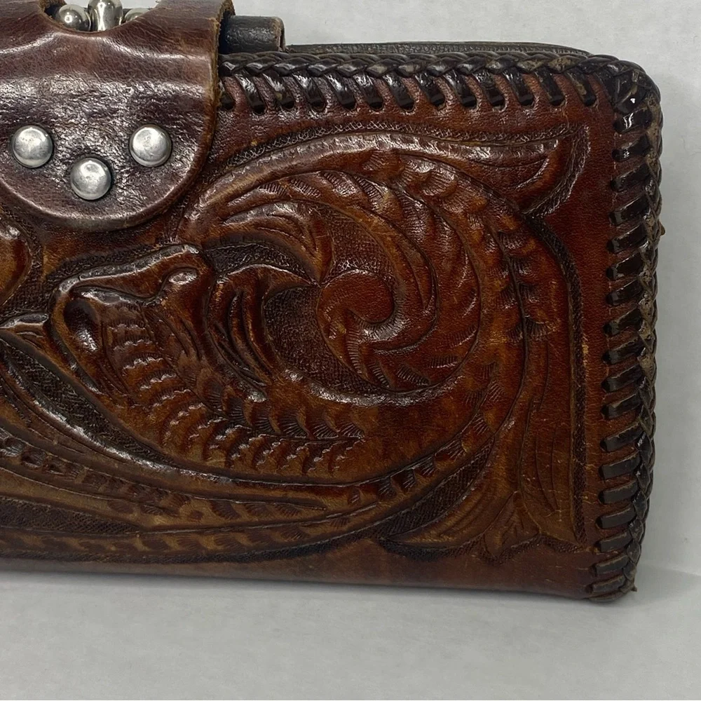 Vintage Brown Leather Hand Tooled Zipper Coin Change Wallet Flowers Western